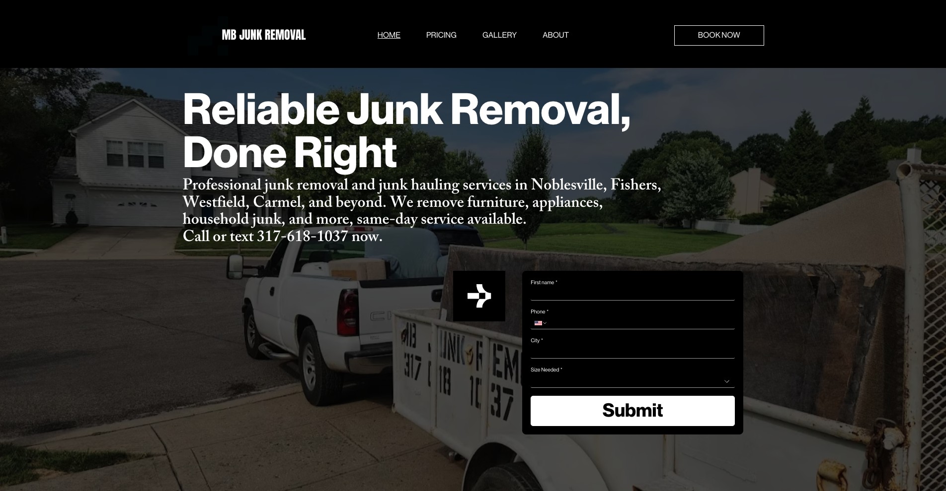 The MB Junk Removal website after the redesign: a dark, modern homepage with a clean navigation bar, a large headline over a photo of the company’s truck, and a quote request form.